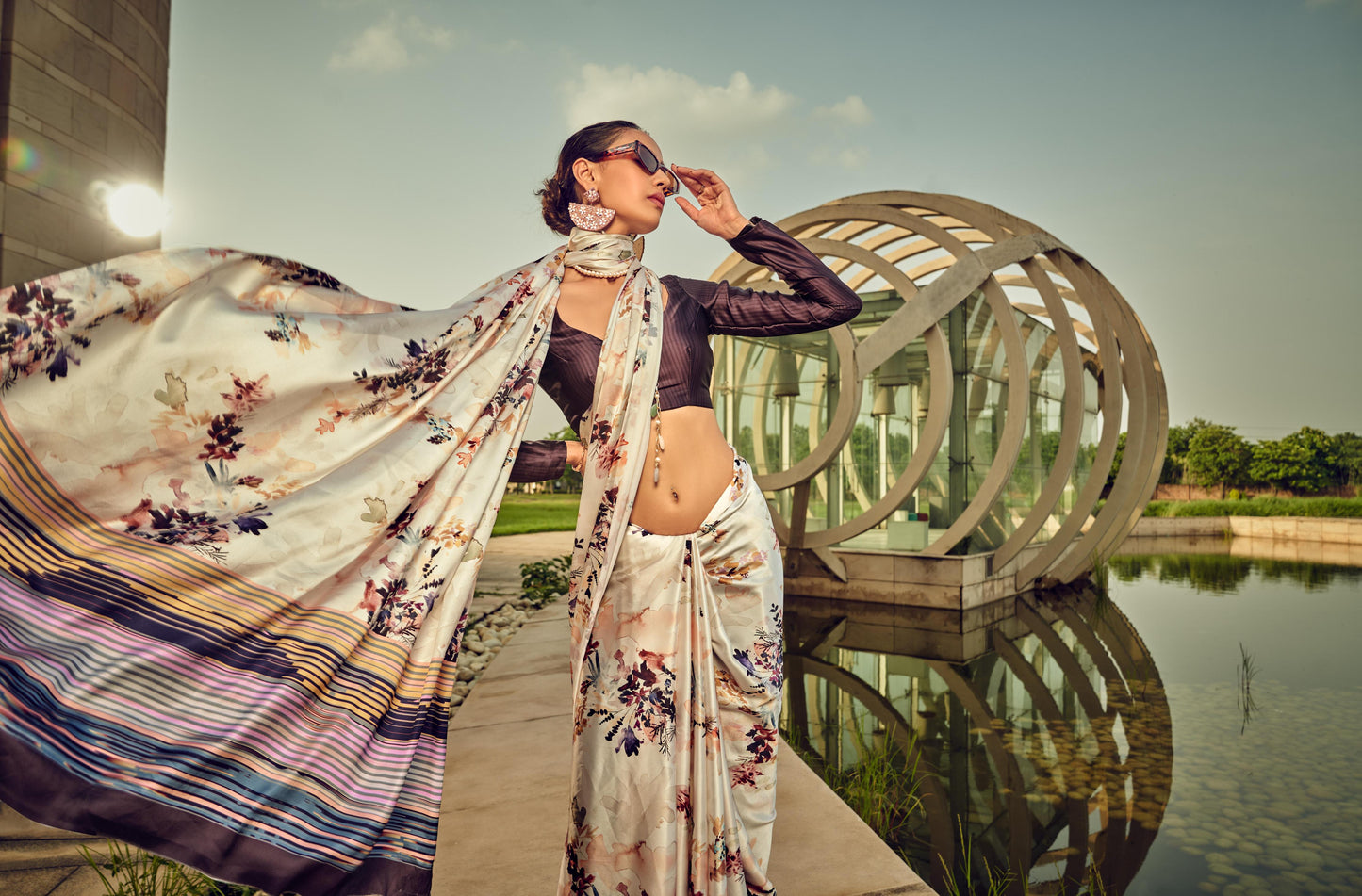 Digital Printed Satin Saree with Unstiched Blouse