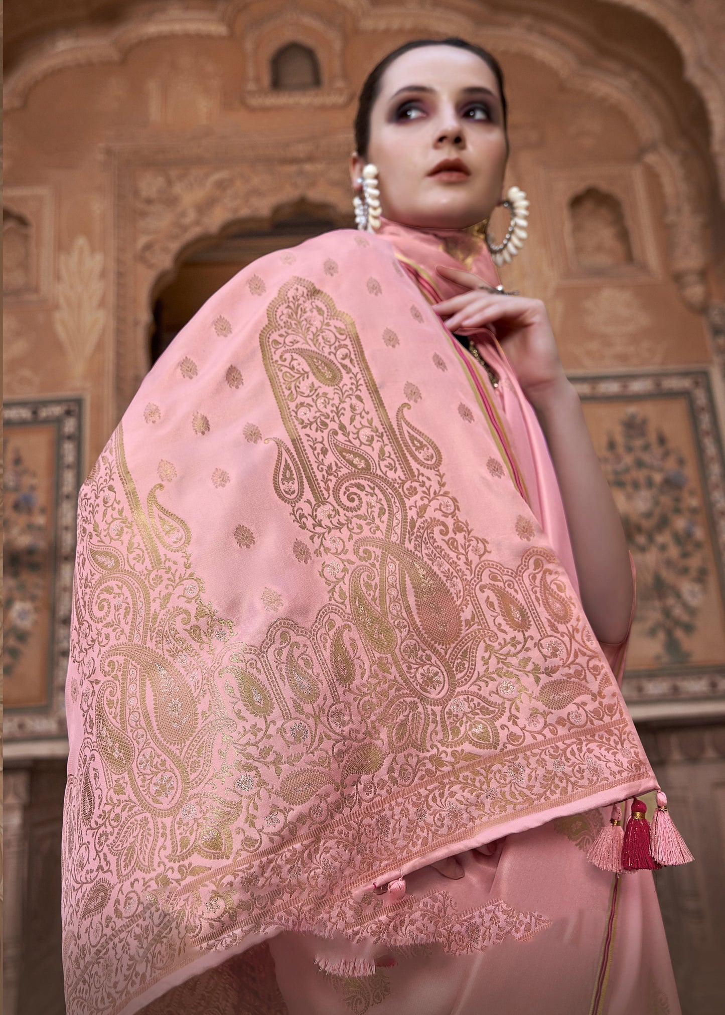 Carrot Pink Pure Satin Saree with Zari Weaving Border and Unstitched Blouse Piece