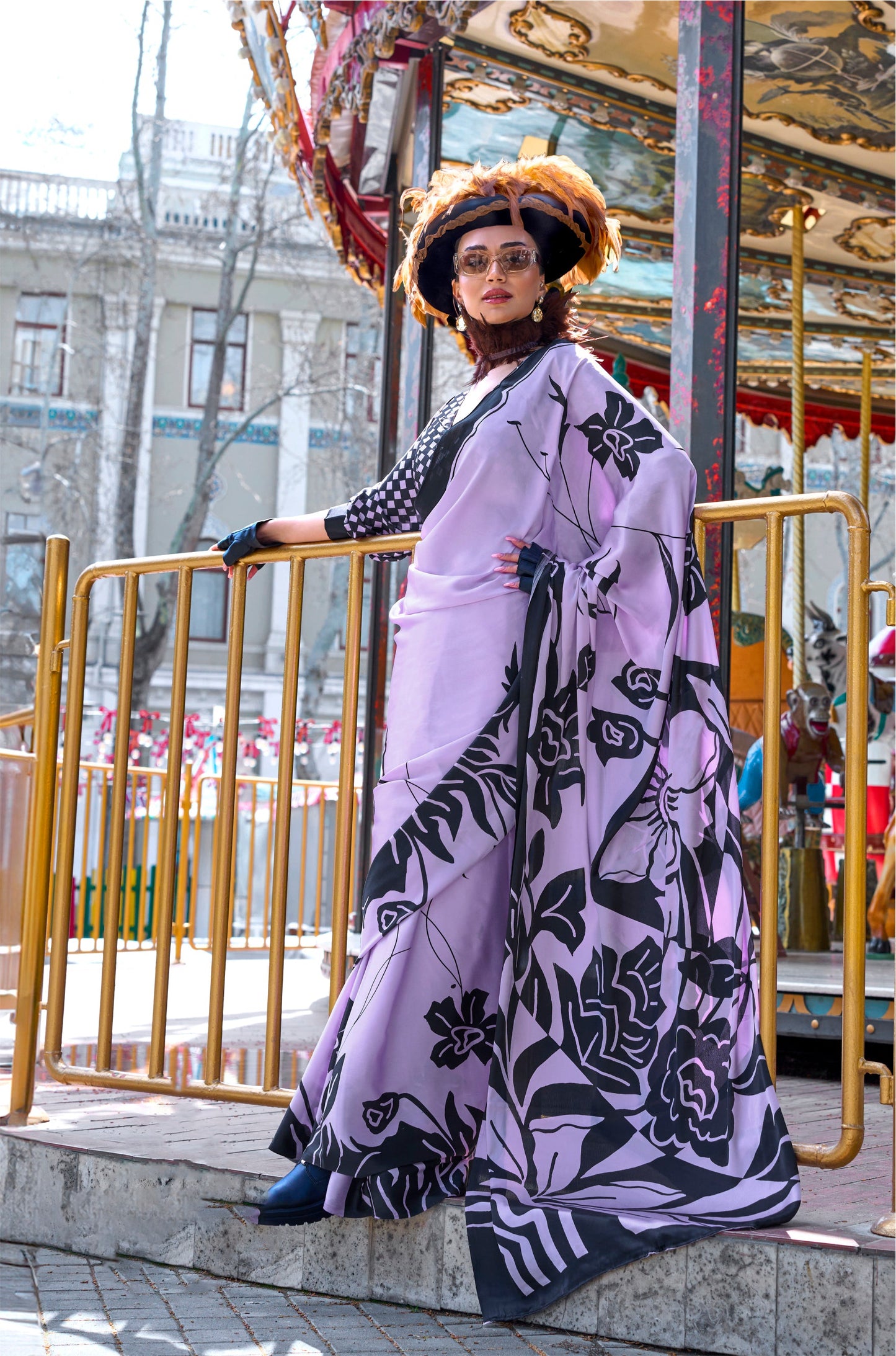 Digital Printed Satin Saree with Unstiched Blouse