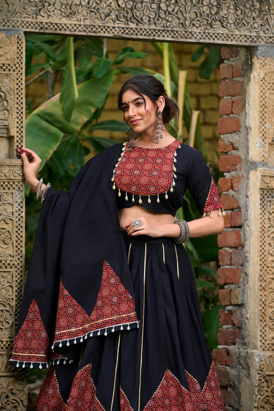 Black Printed Cotton Navratri Lehenga Choli