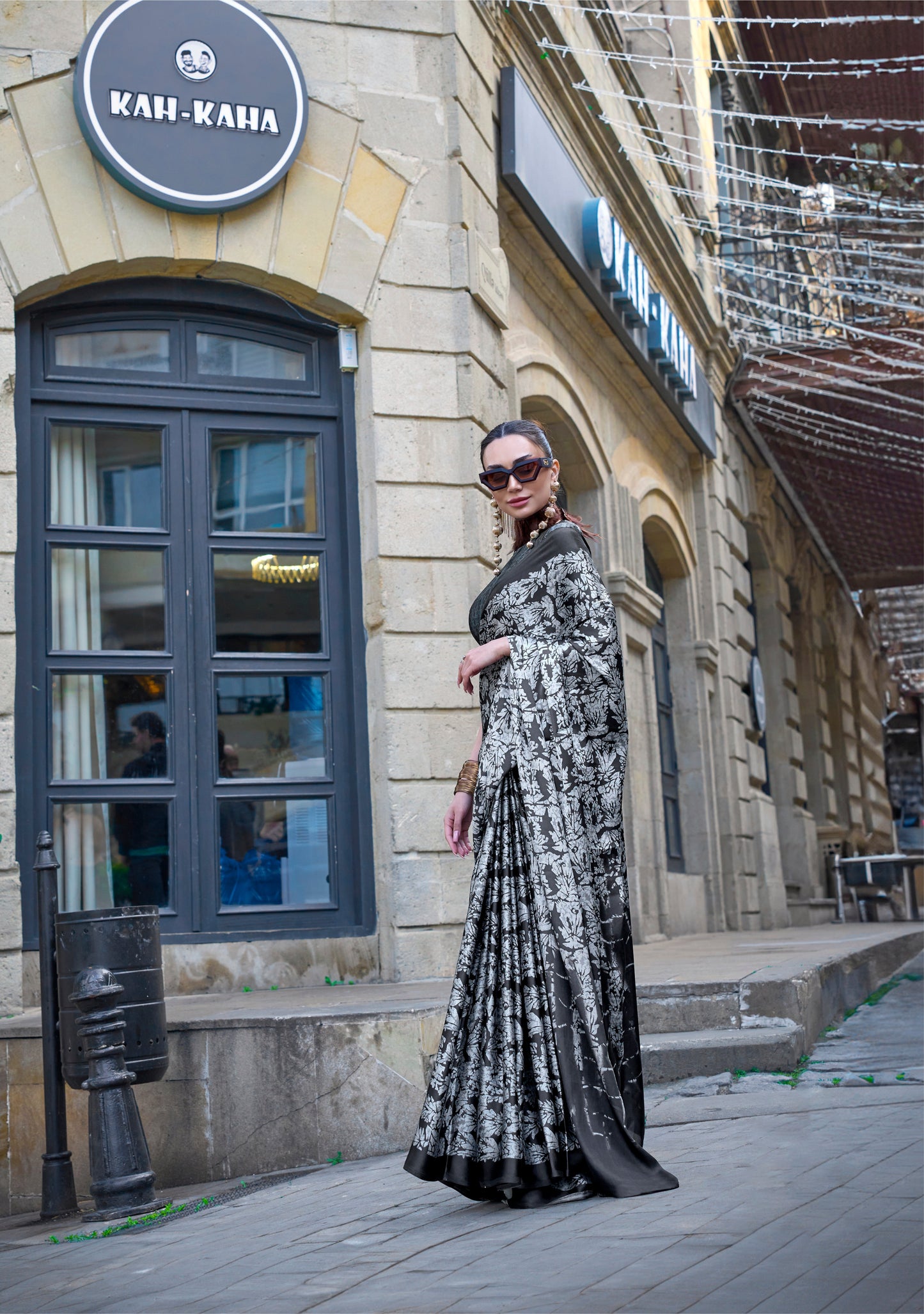 Digital Printed Satin Saree with Unstiched Blouse