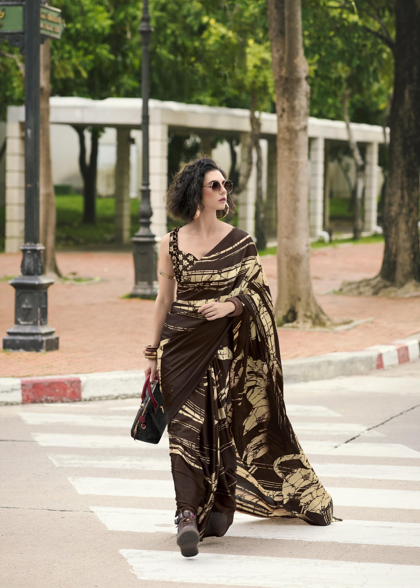 Digital Printed Satin Saree with Unstiched Blouse