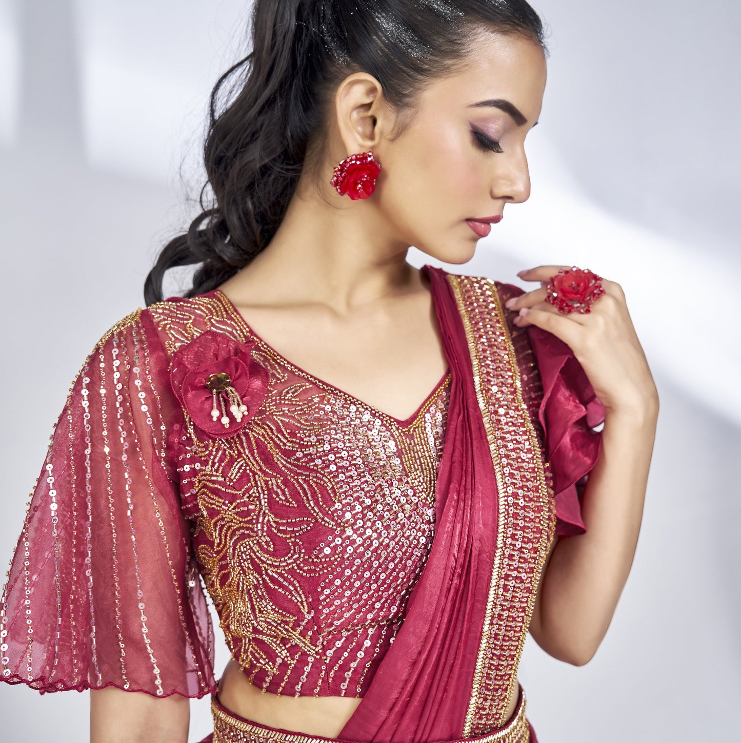 Pre-draped Two Tone Carrot Pink Satin Silk Saree with Blouse