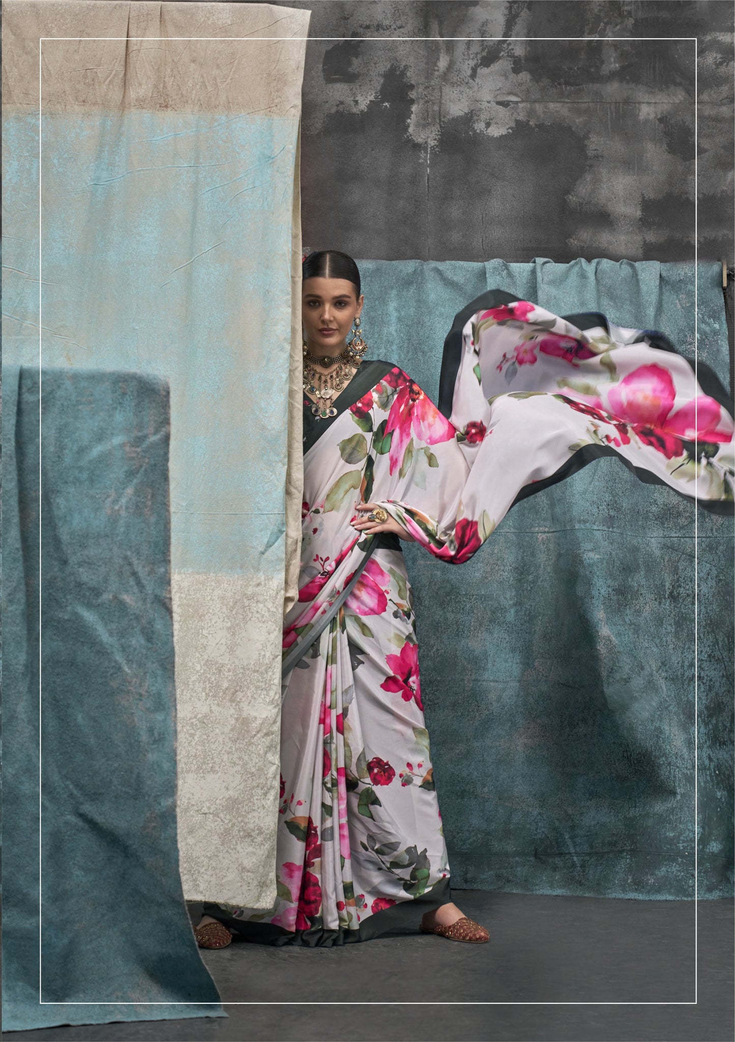 Digital Printed Satin Saree with Unstiched Blouse