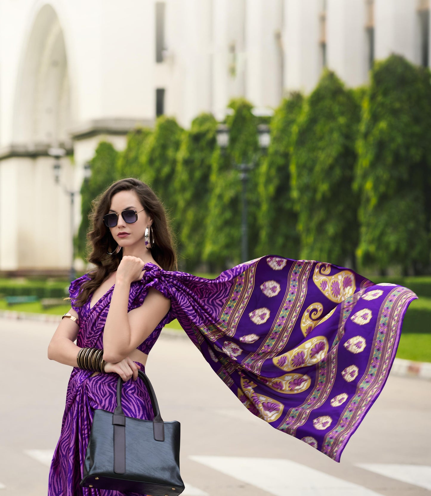 Digital Printed Satin Saree with Unstiched Blouse