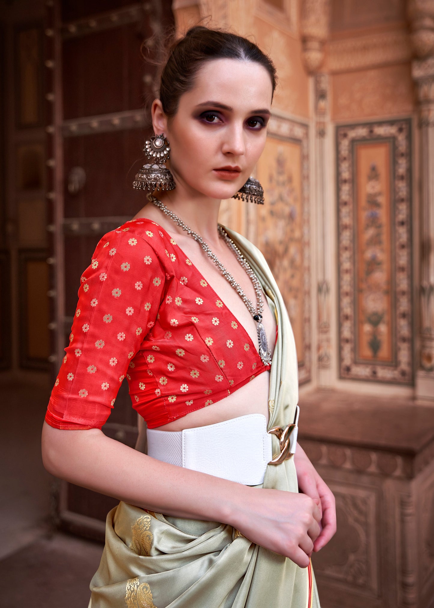 Golden Grey Pure Satin Saree with Zari Weaving Border and Unstitched Blouse Piece