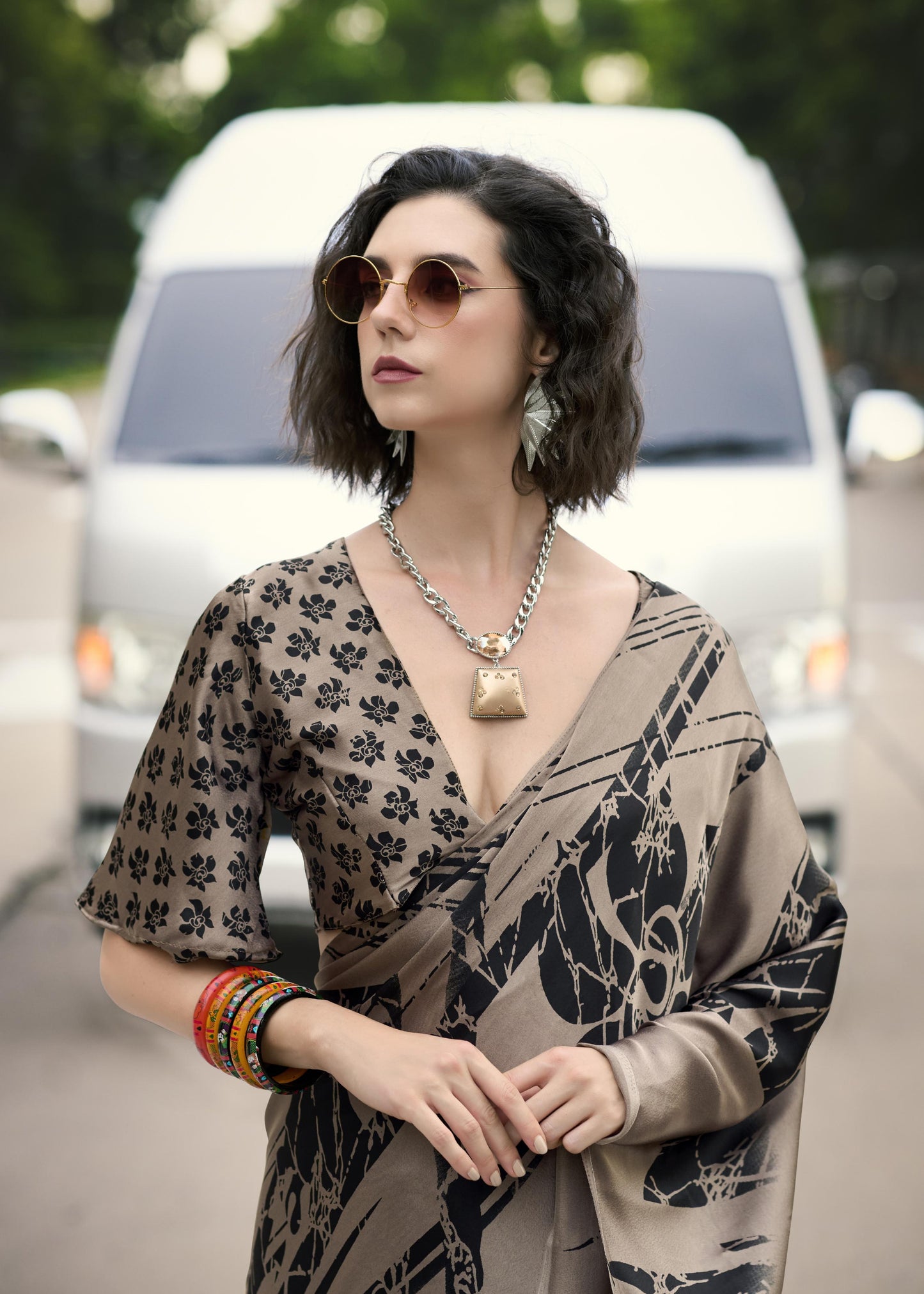 Digital Printed Satin Saree with Unstiched Blouse