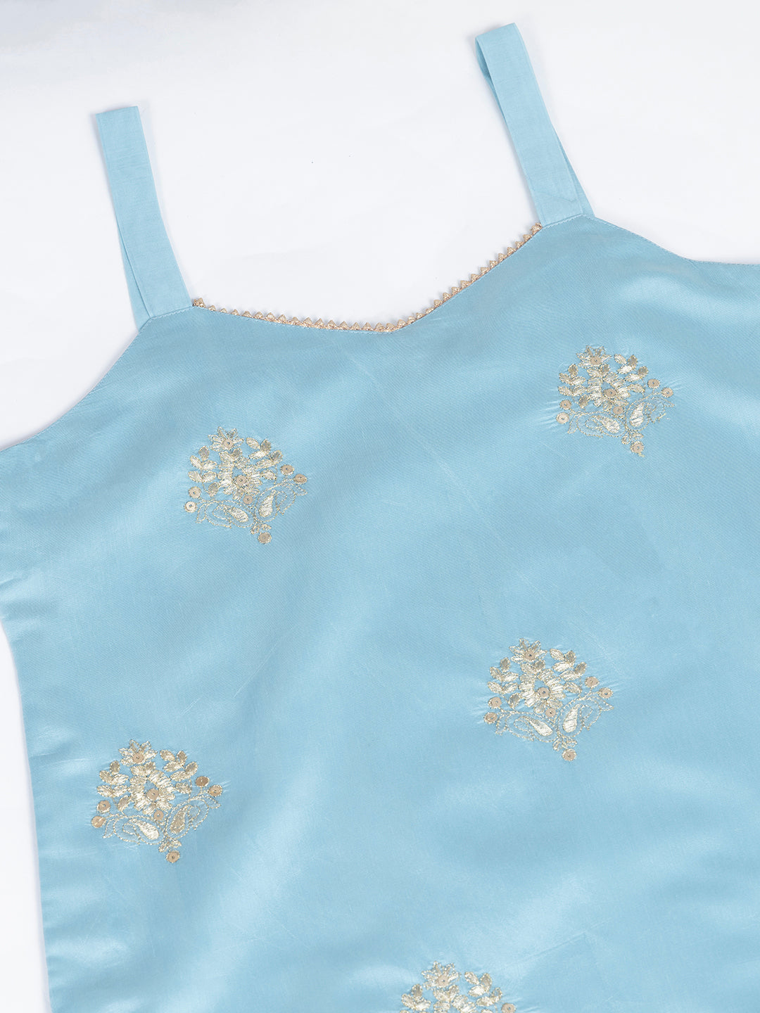 Silk Blend Sky Blue Embroidered Straight Kurta Set with Net Dupatta