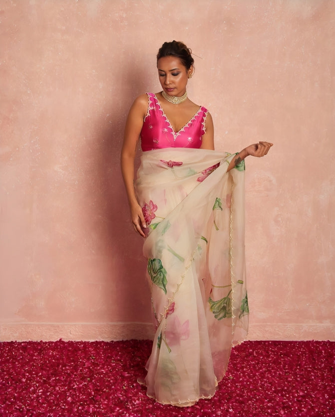 White Soft Organza Pink and green Floral Printed Handwork Saree