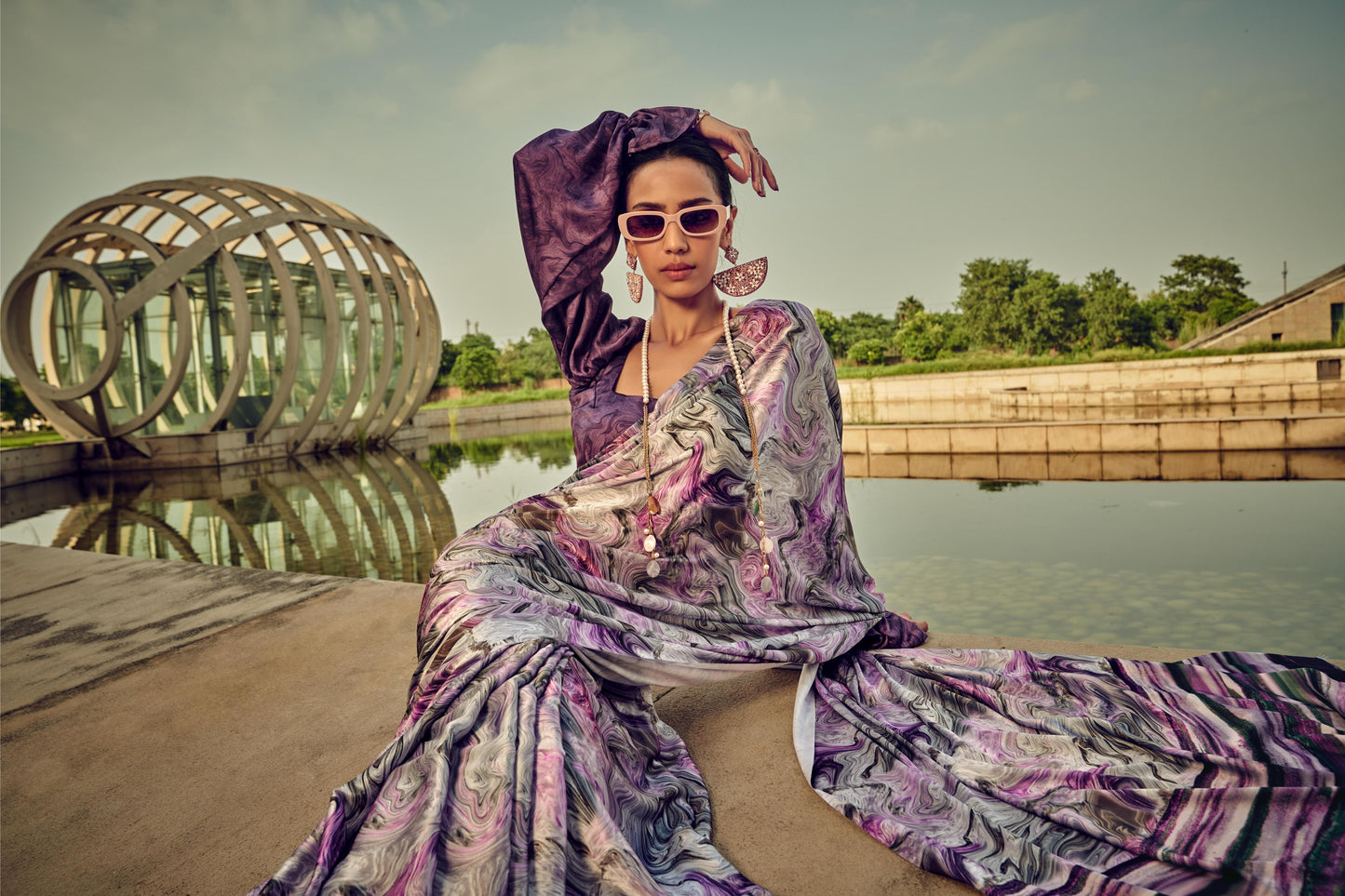 Digital Printed Satin Saree with Unstiched Blouse