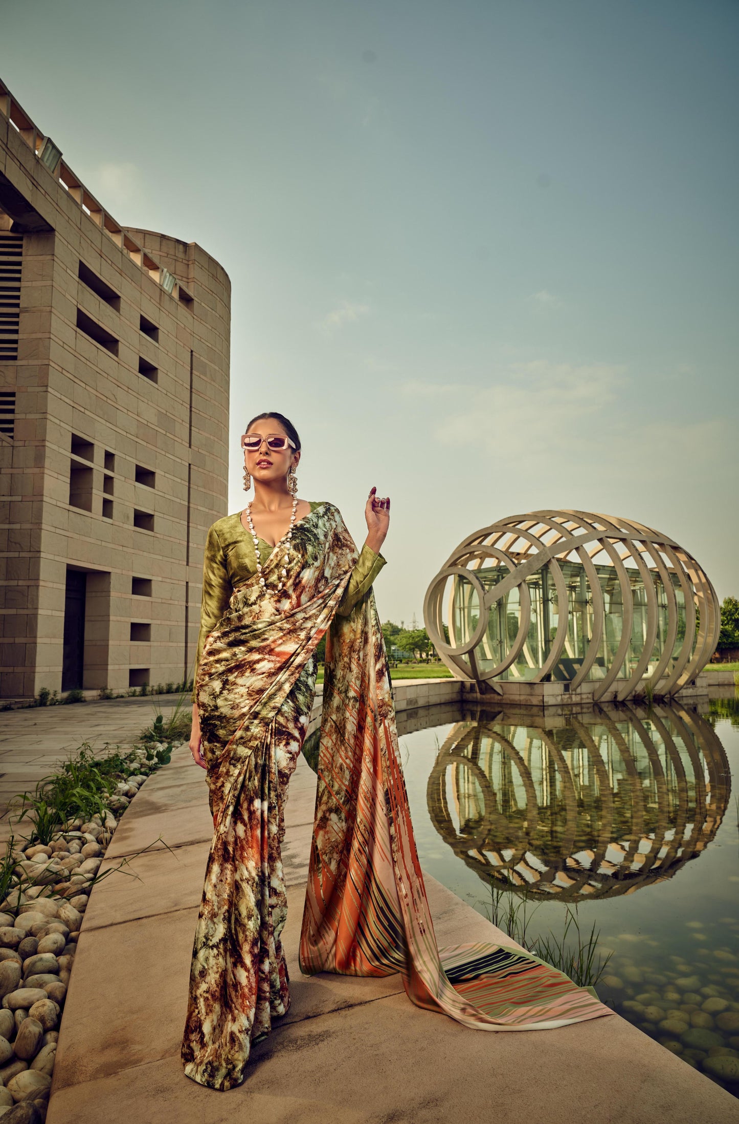 Digital Printed Satin Saree with Unstiched Blouse