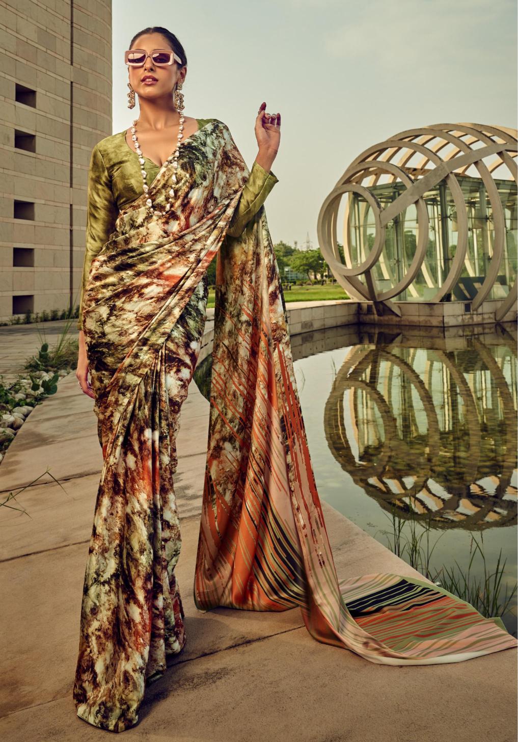 Digital Printed Satin Saree with Unstiched Blouse