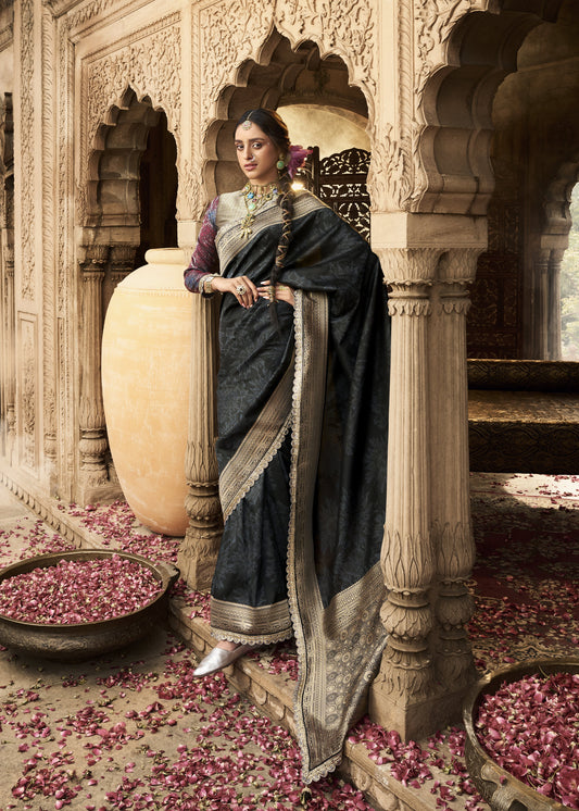 Black Jacquard Banarasi Silk Saree with Unstitch Blouse