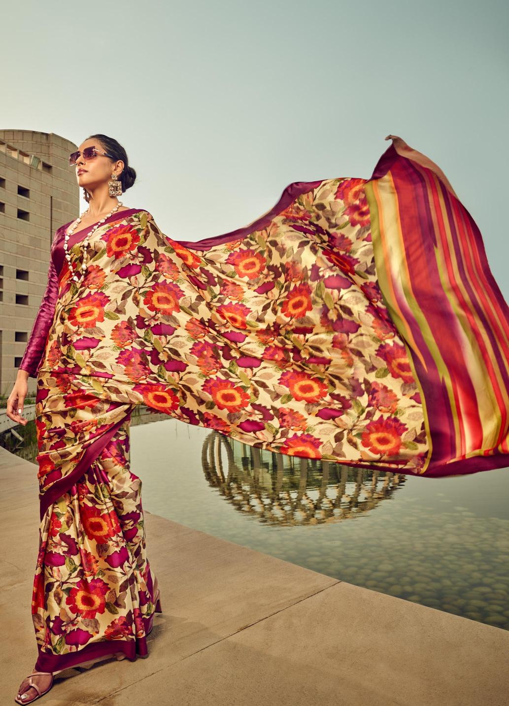 Digital Printed Satin Saree with Unstiched Blouse