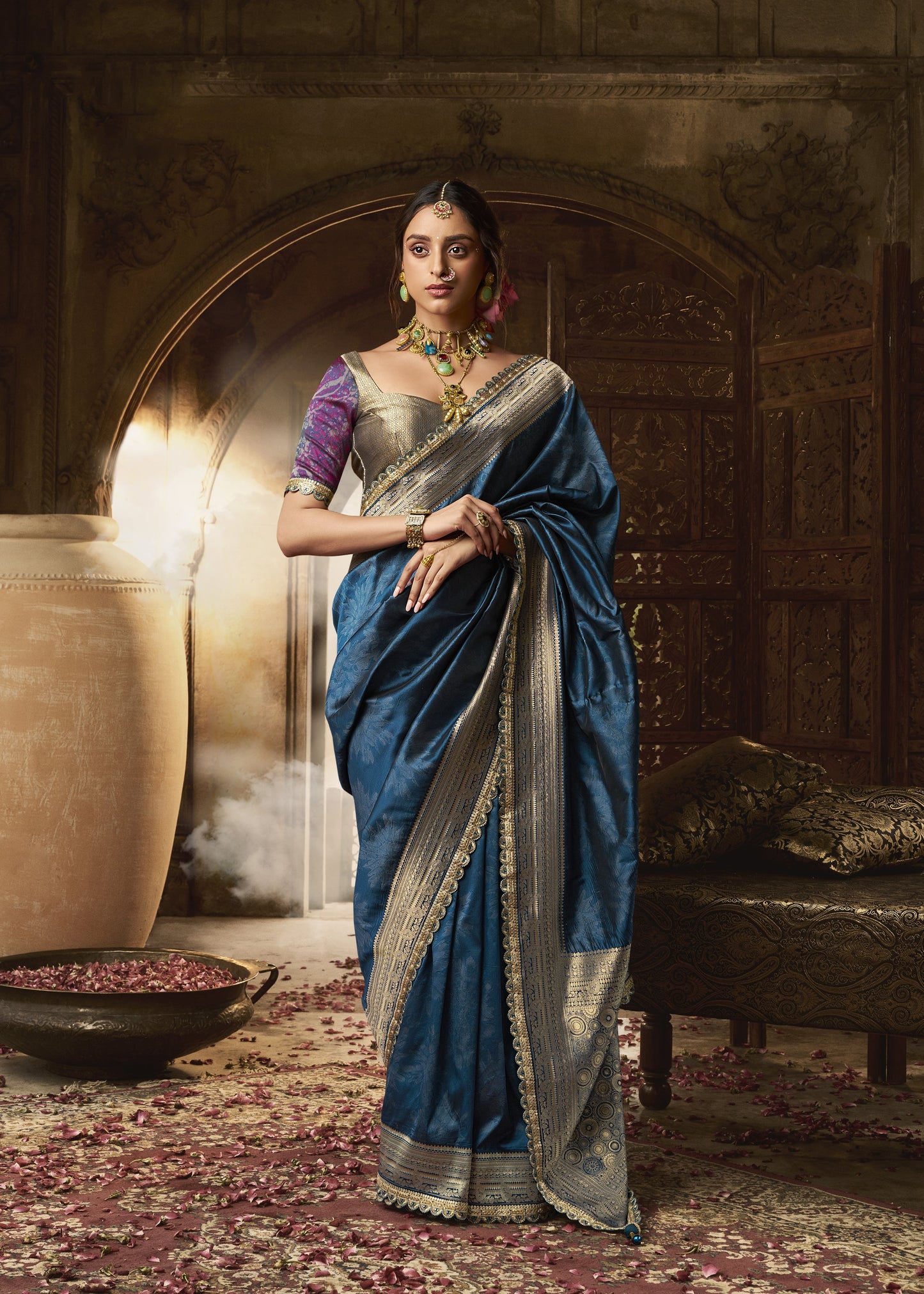 Royal Blue Jacquard Banarasi Silk Saree with Unstitch Blouse