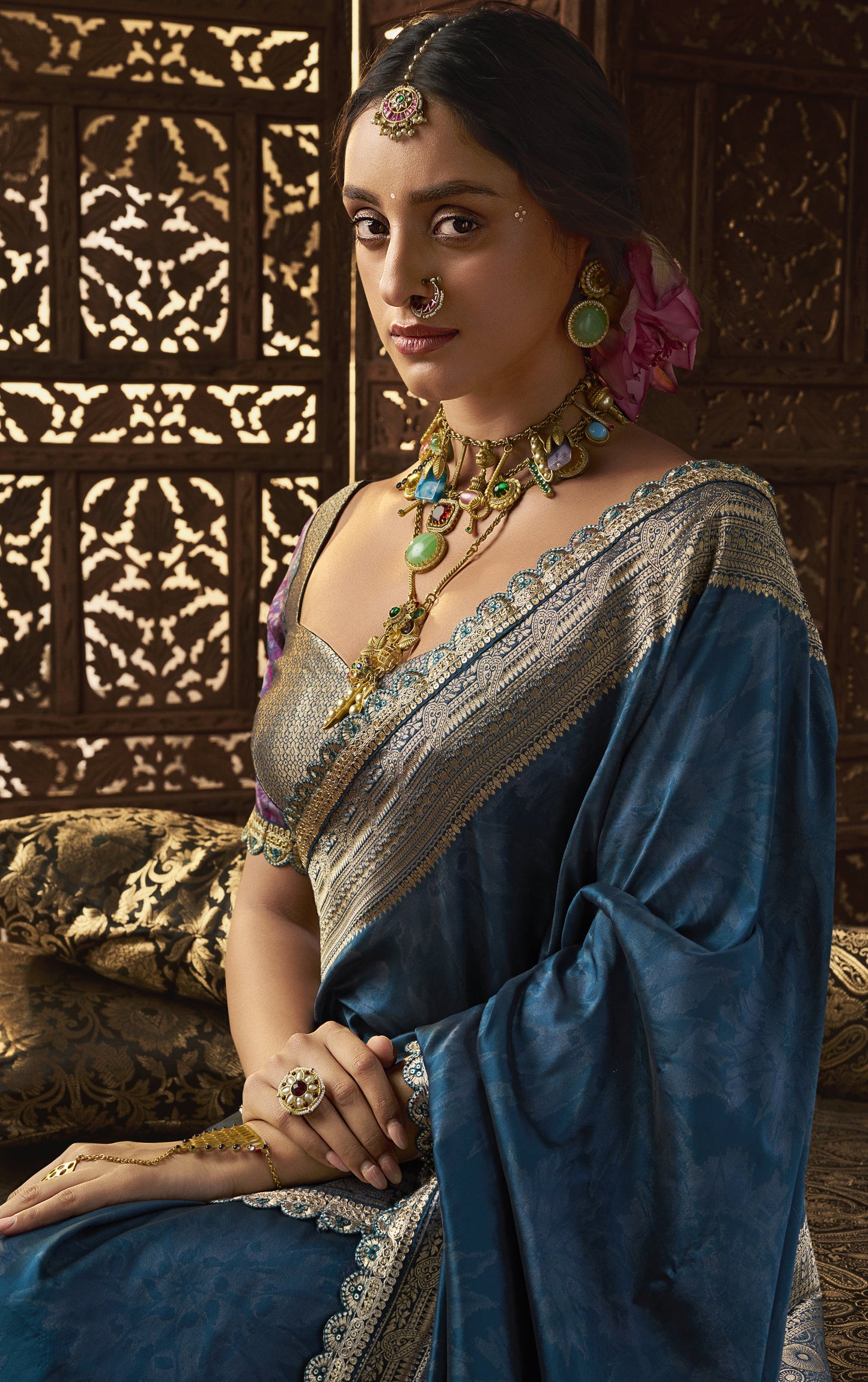 Royal Blue Jacquard Banarasi Silk Saree with Unstitch Blouse