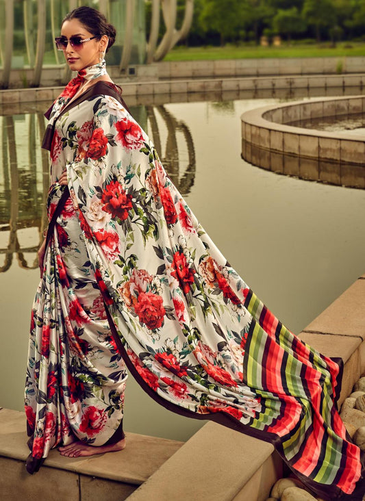 Digital Printed Satin Saree with Unstiched Blouse