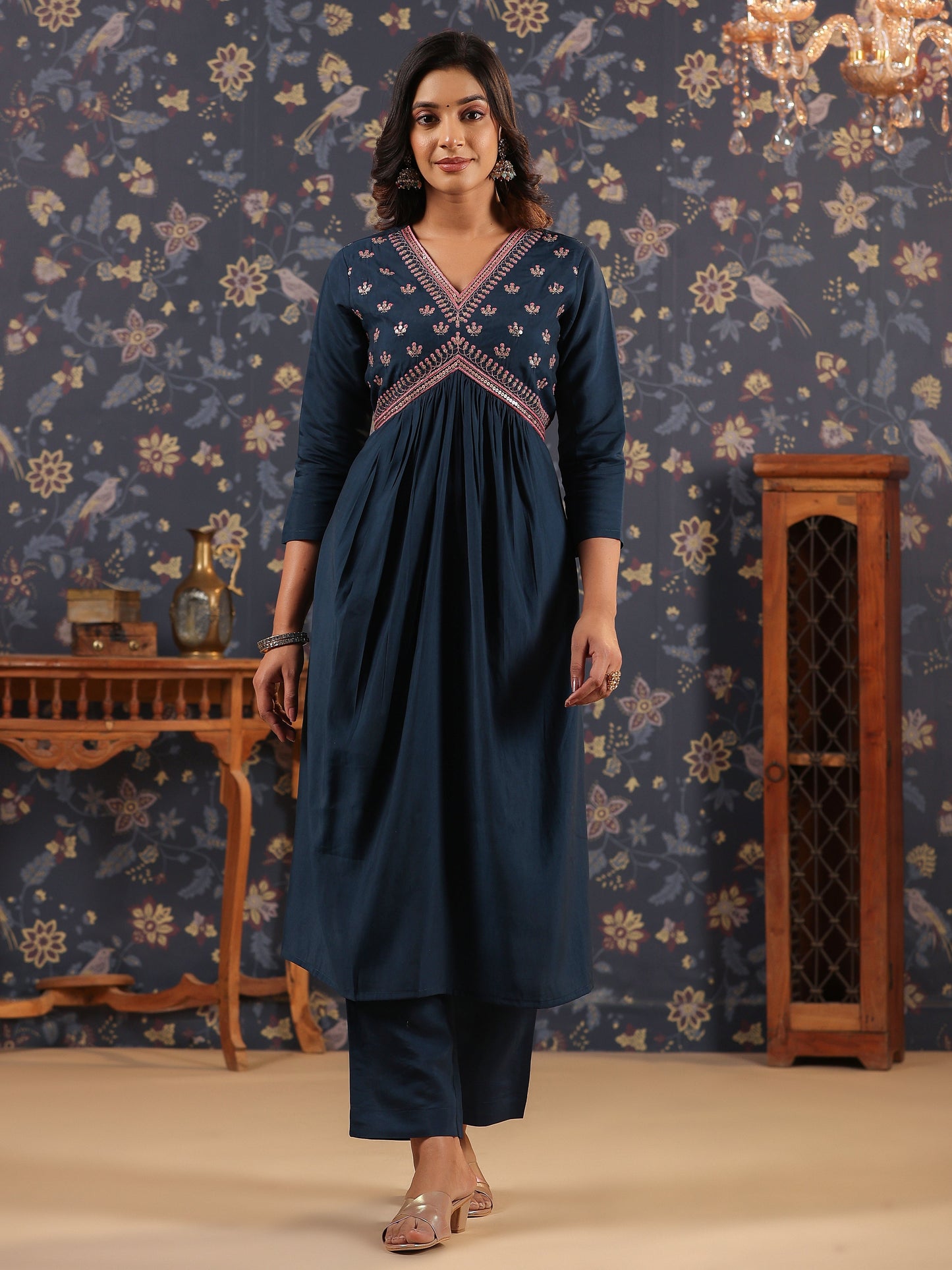 Silk Blend Embroidered Alia-Cut Kurta, Pant, and Net Dupatta Set