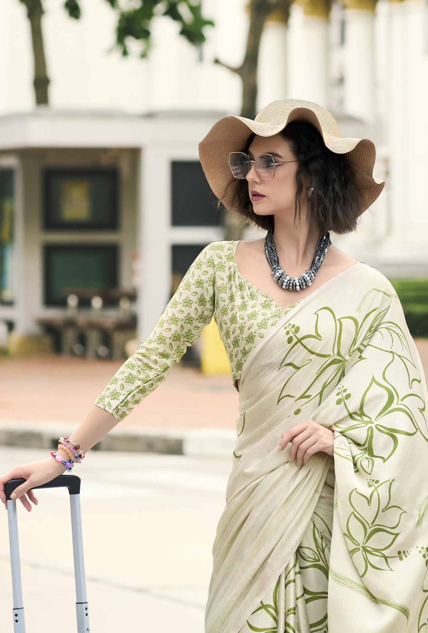 Digital Printed Satin Saree with Unstiched Blouse