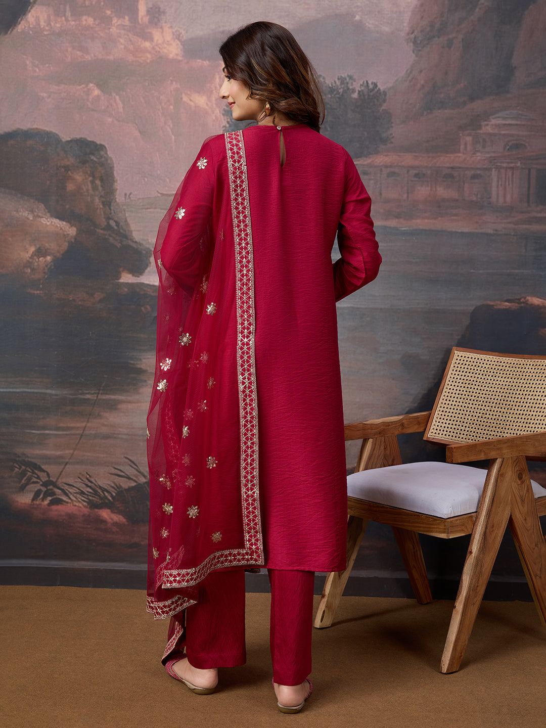 Silk Blend Round Neck Kurta, Pant and Dupatta Set