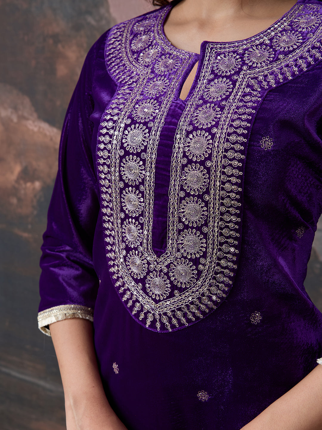 Velvet Embroidered Round Neck Kurta, Pant and Dupatta Set
