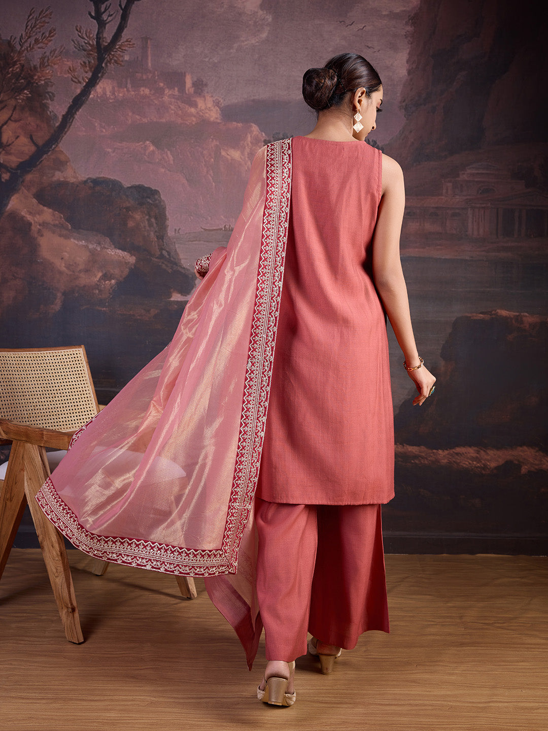 Silk Blend Sleeveless Kurta, Palazzo and Dupatta Set