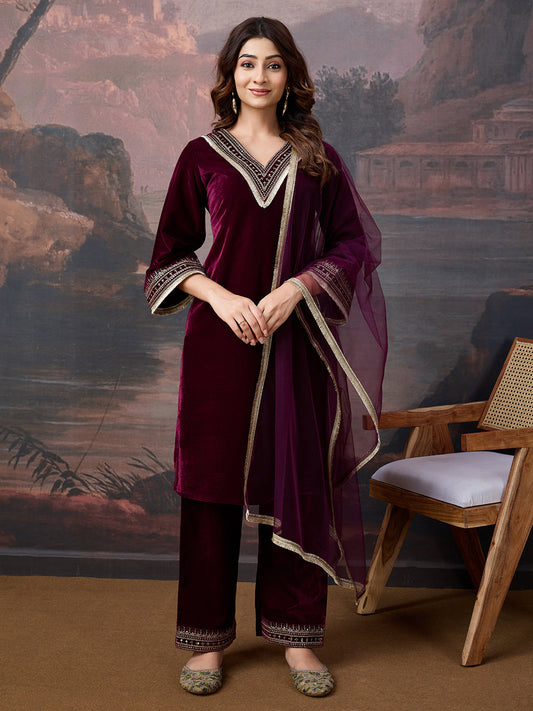 Velvet Embroidered V-Neck Kurta, Pant and Dupatta Set