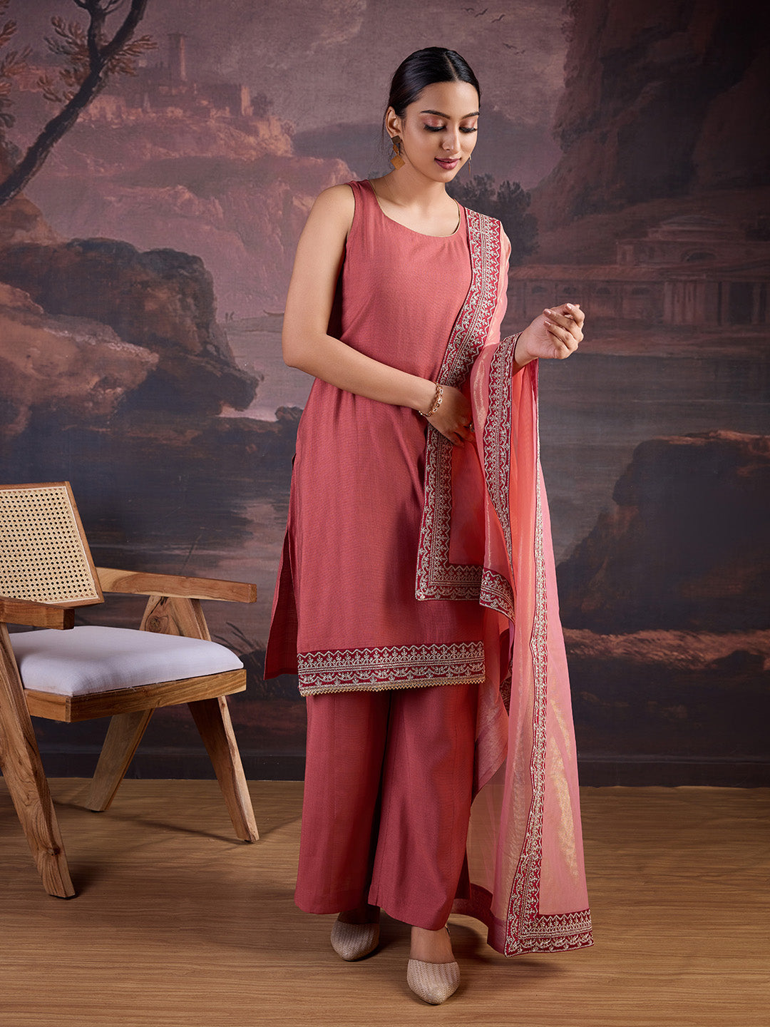 Silk Blend Sleeveless Kurta, Palazzo and Dupatta Set