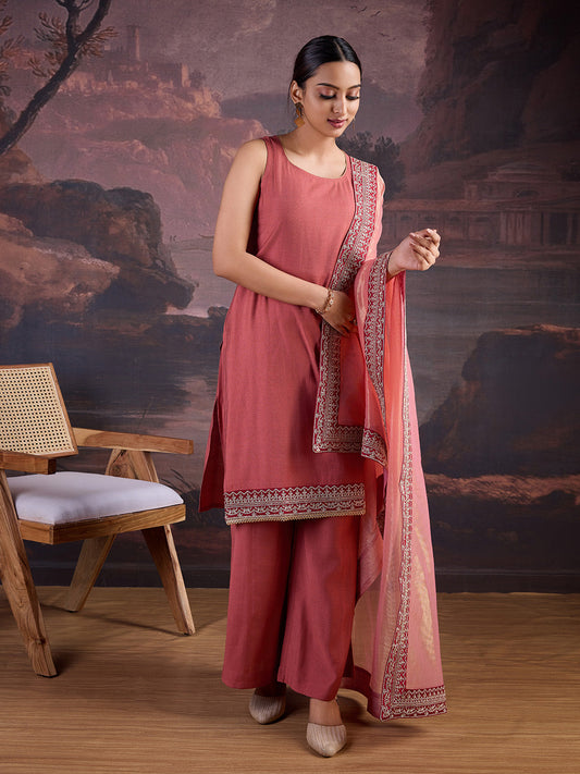 Silk Blend Sleeveless Kurta, Palazzo and Dupatta Set