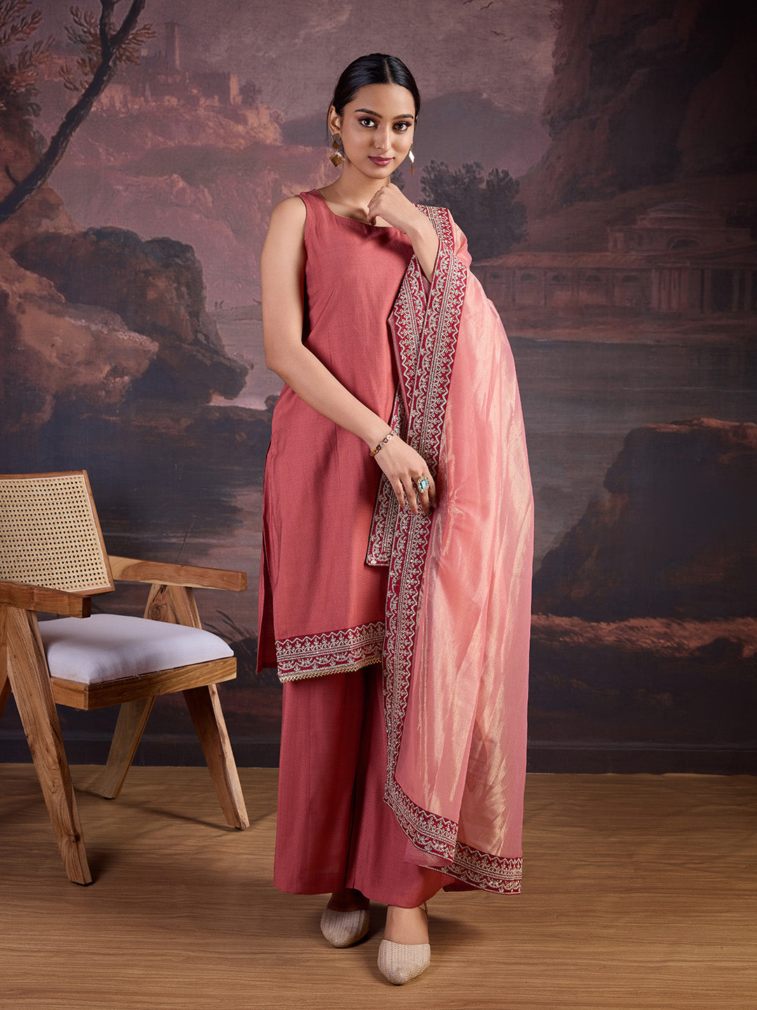 Silk Blend Sleeveless Kurta, Palazzo and Dupatta Set