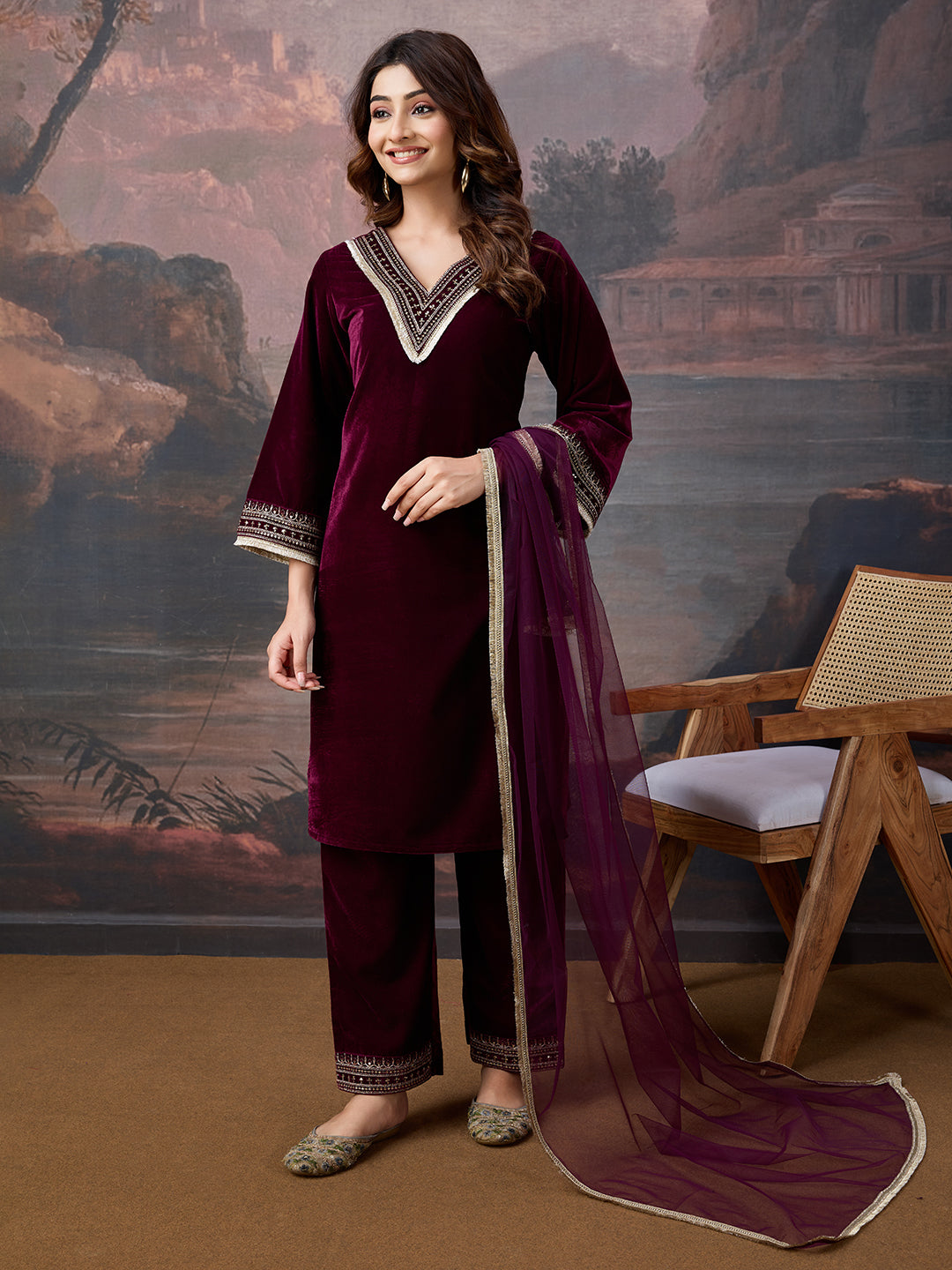 Velvet Embroidered V-Neck Kurta, Pant and Dupatta Set