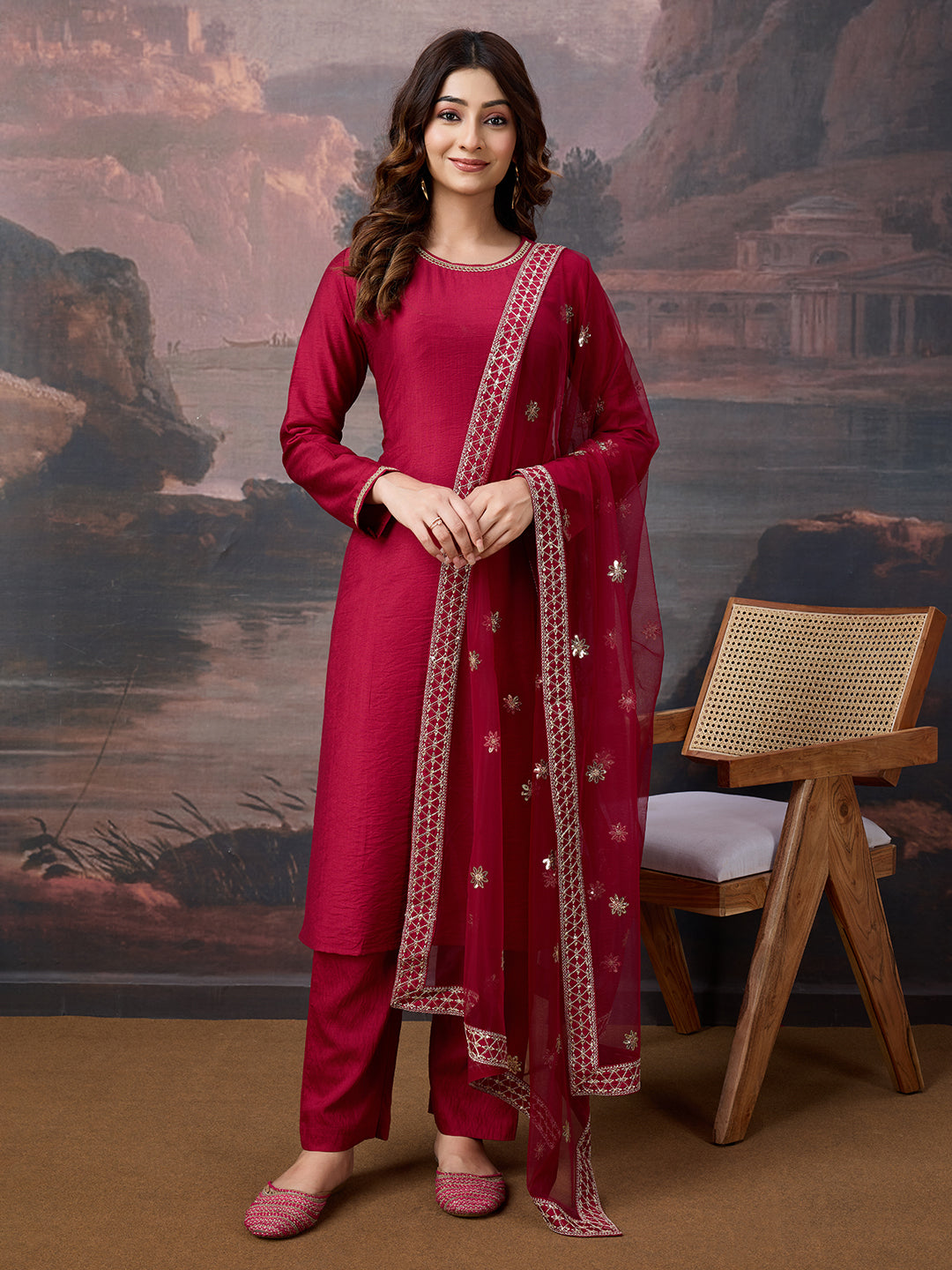 Silk Blend Round Neck Kurta, Pant and Dupatta Set