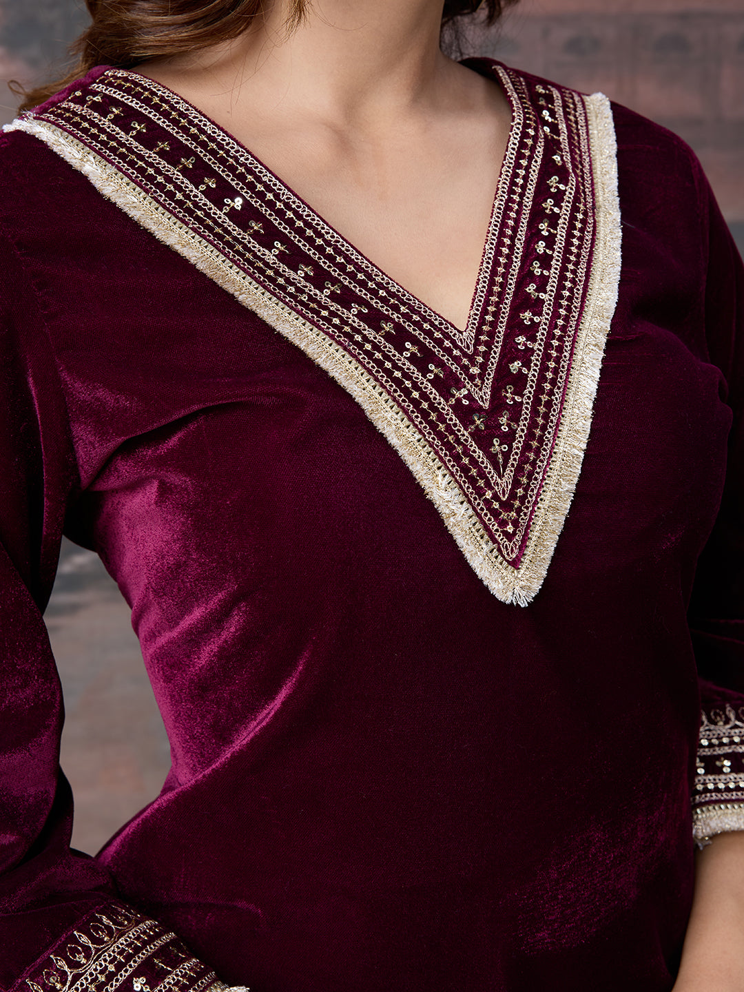 Velvet Embroidered V-Neck Kurta, Pant and Dupatta Set