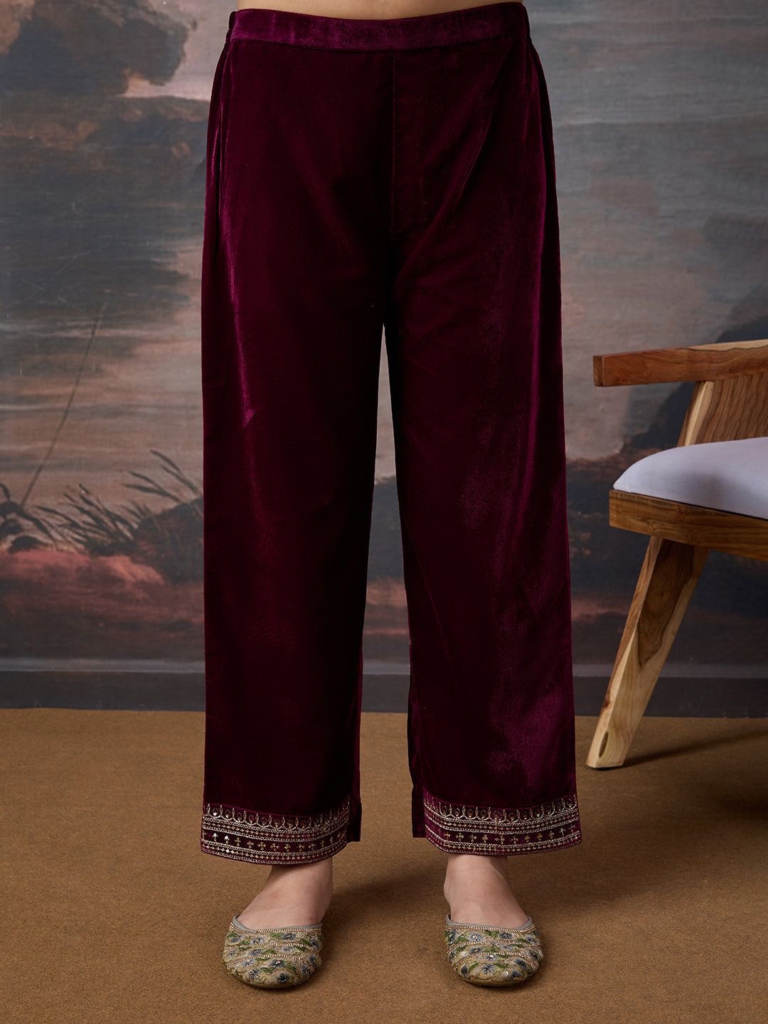 Velvet Embroidered V-Neck Kurta, Pant and Dupatta Set