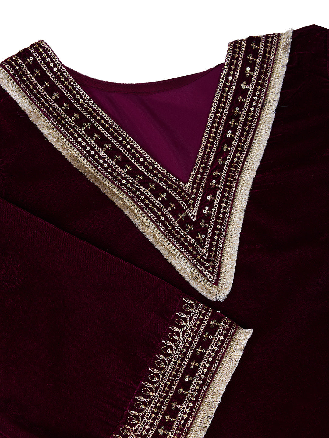 Velvet Embroidered V-Neck Kurta, Pant and Dupatta Set