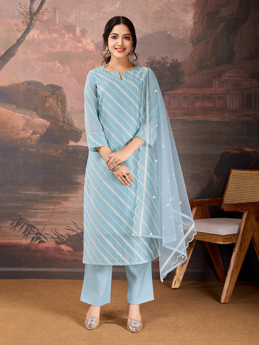 Sky Blue Chanderi Cotton Silk Kurta Set