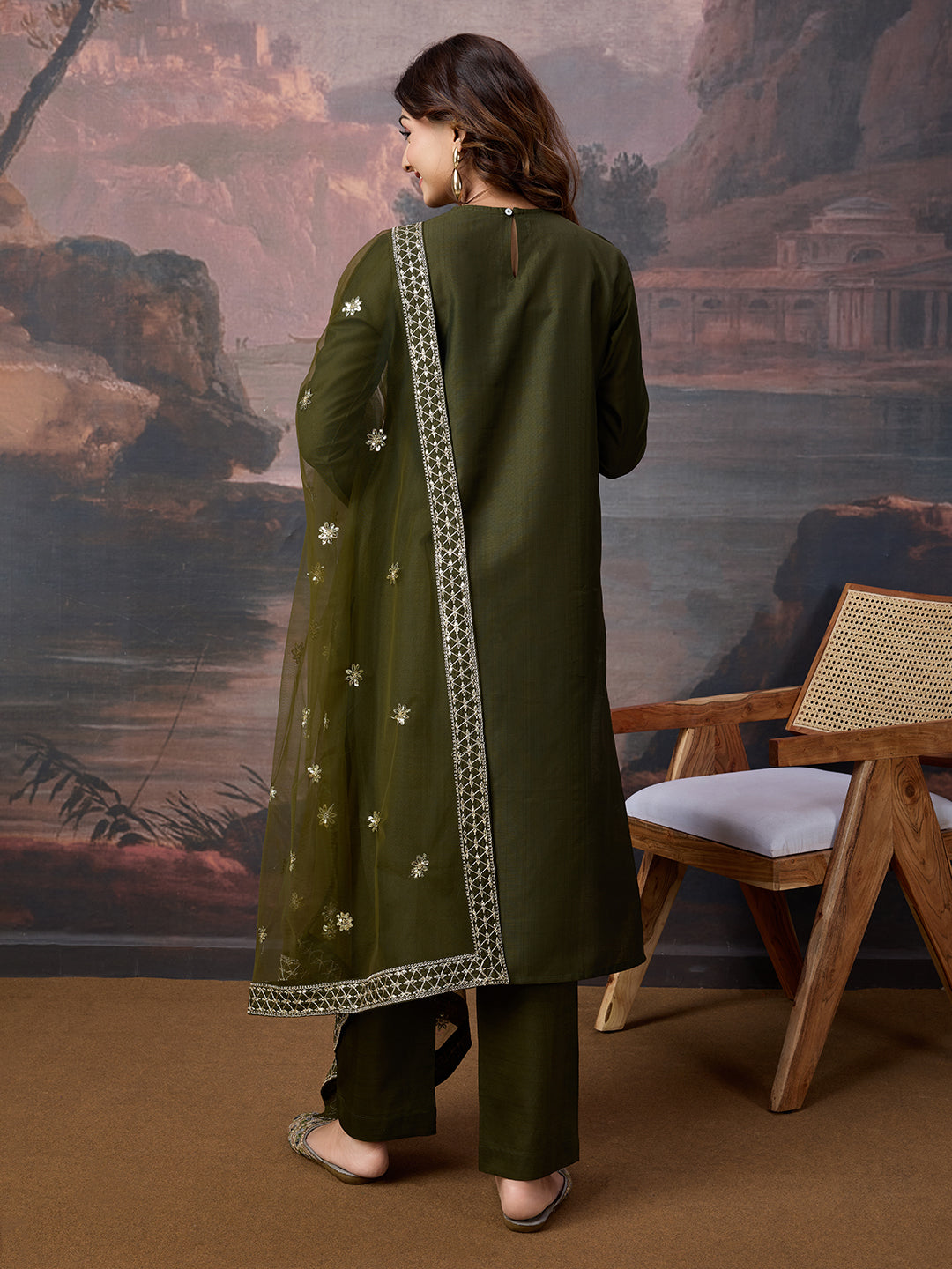 Silk Blend Round Neck Kurta, Pant and Dupatta Set