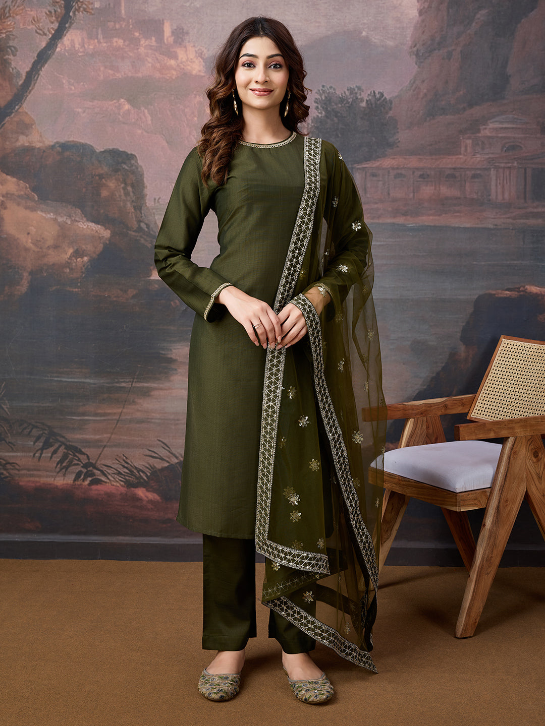 Silk Blend Round Neck Kurta, Pant and Dupatta Set