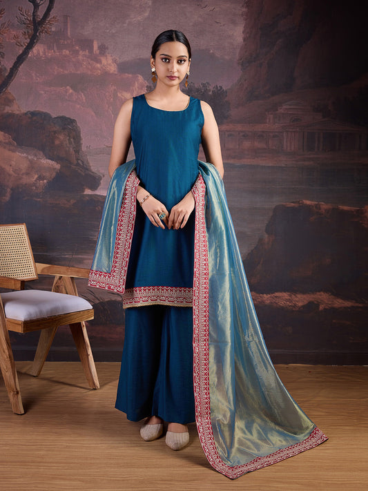 Silk Blend Sleeveless Kurta, Palazzo and Dupatta Set