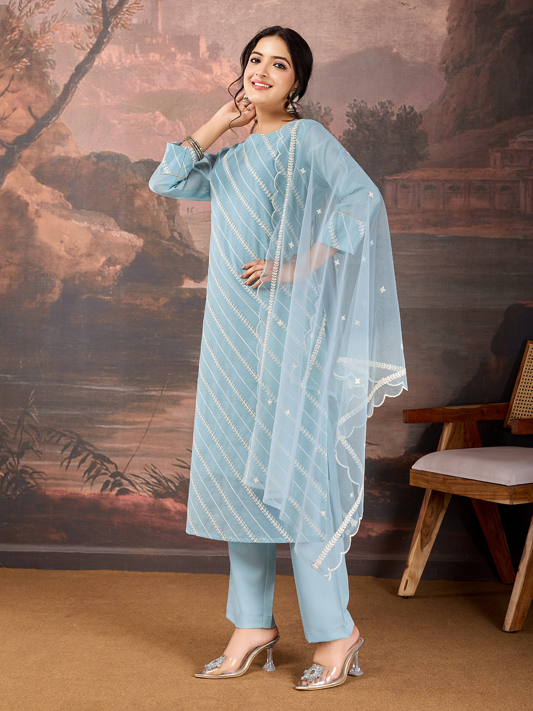 Sky Blue Chanderi Cotton Silk Kurta Set