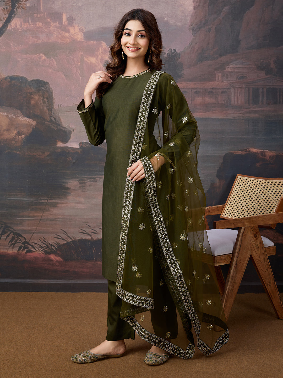 Silk Blend Round Neck Kurta, Pant and Dupatta Set