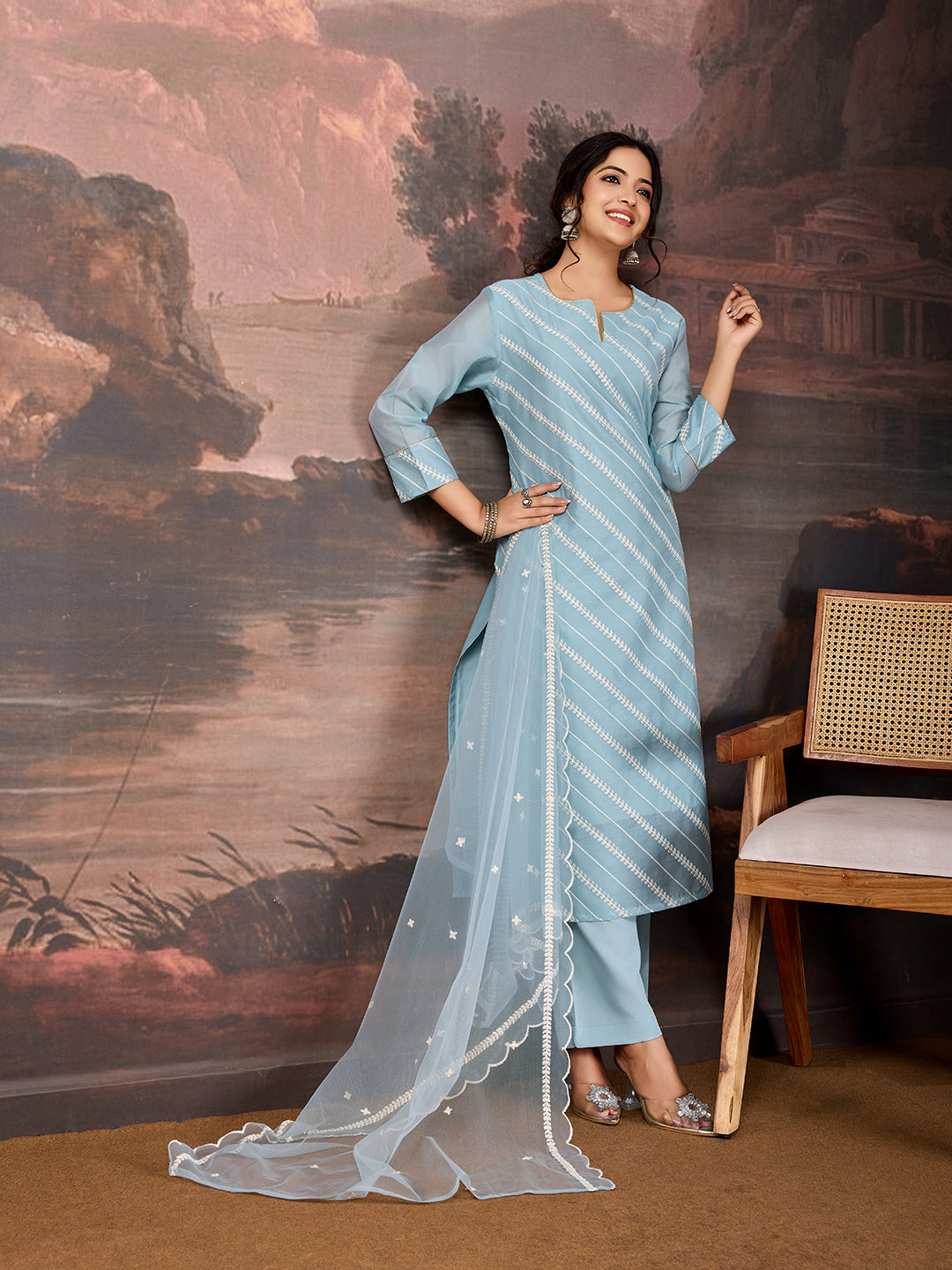 Sky Blue Chanderi Cotton Silk Kurta Set