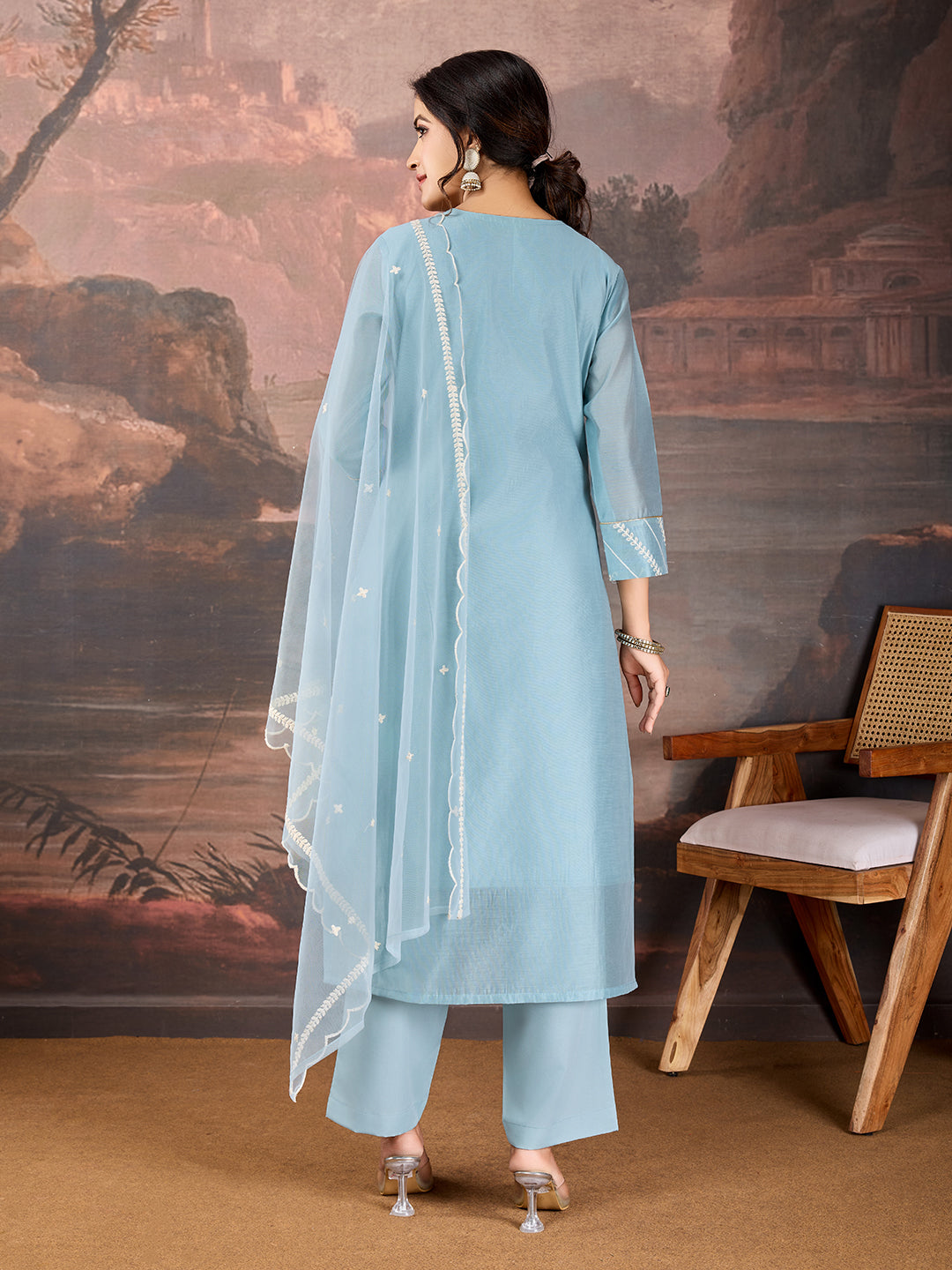 Sky Blue Chanderi Cotton Silk Kurta Set