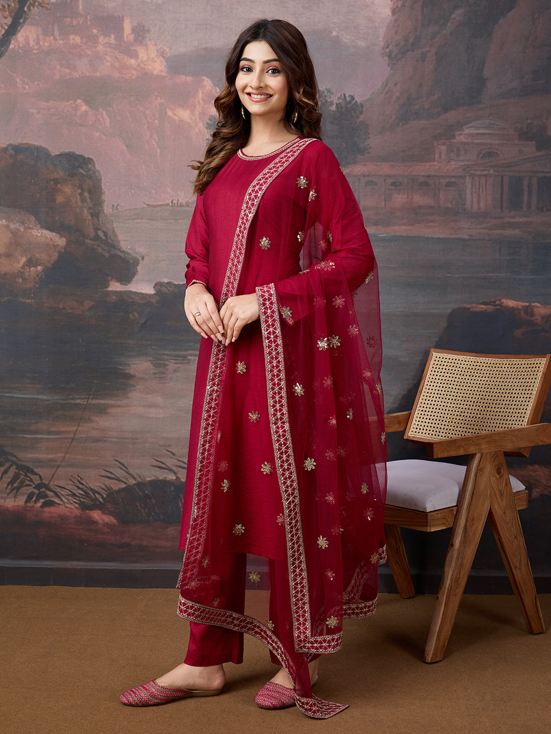Silk Blend Round Neck Kurta, Pant and Dupatta Set
