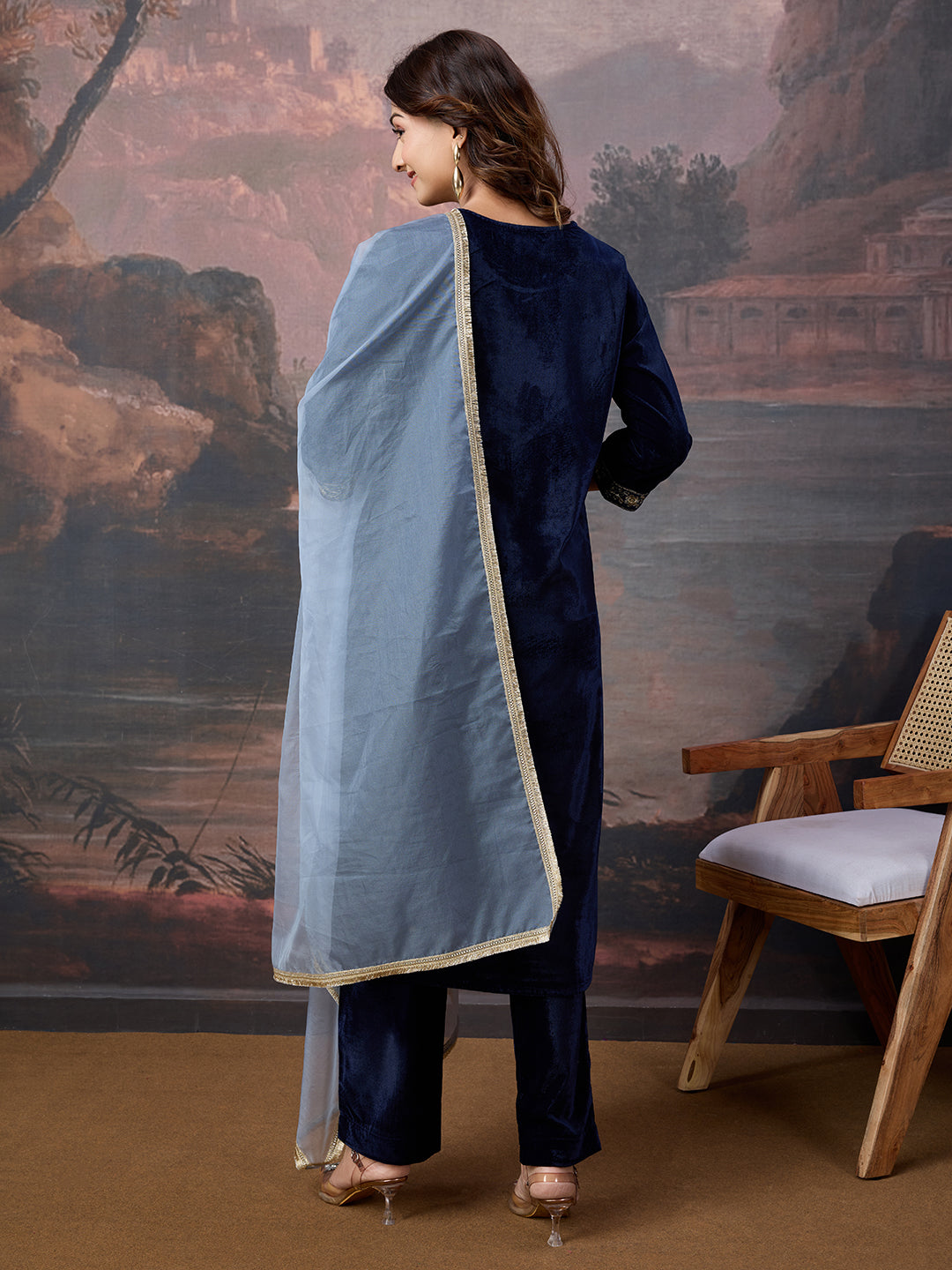 Velvet Embroidered Round Neck Kurta, Pant and Dupatta Set