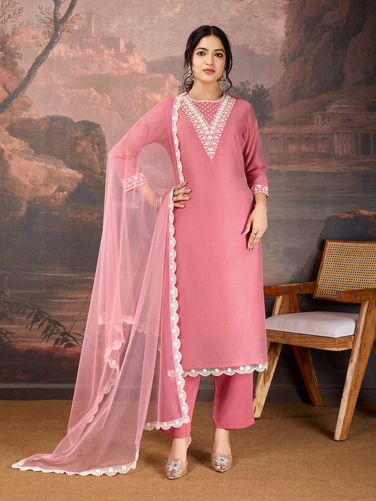 Rose Pink Chanderi Cotton Silk Kurta Set with neck embroidery