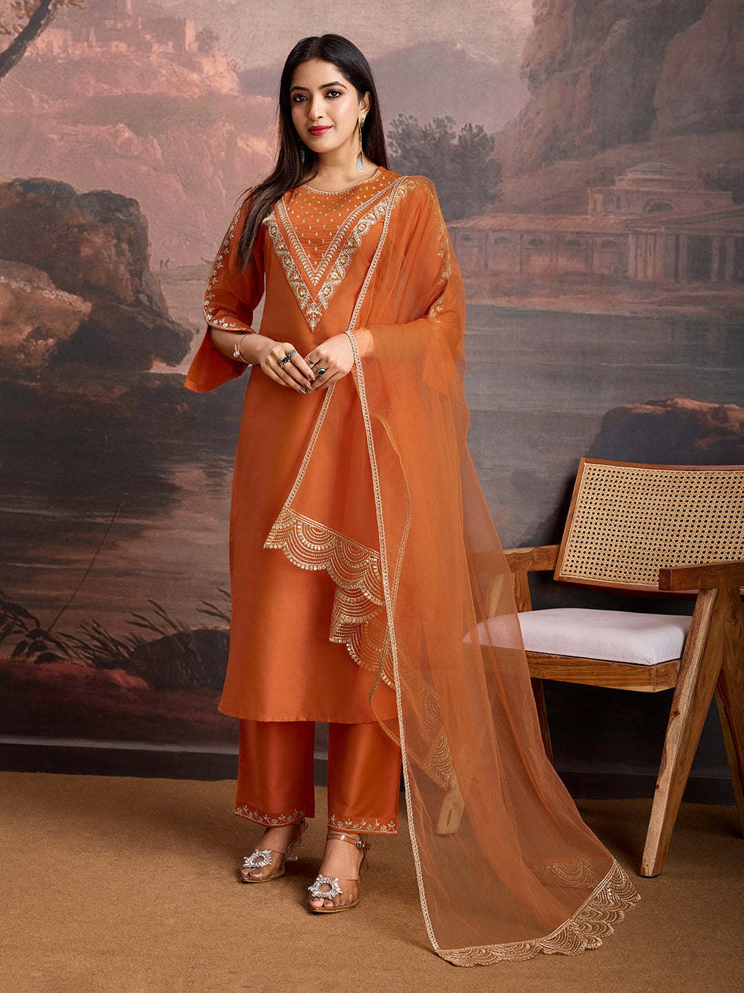Rust Color Silk Blend Embroidered Kurta Set