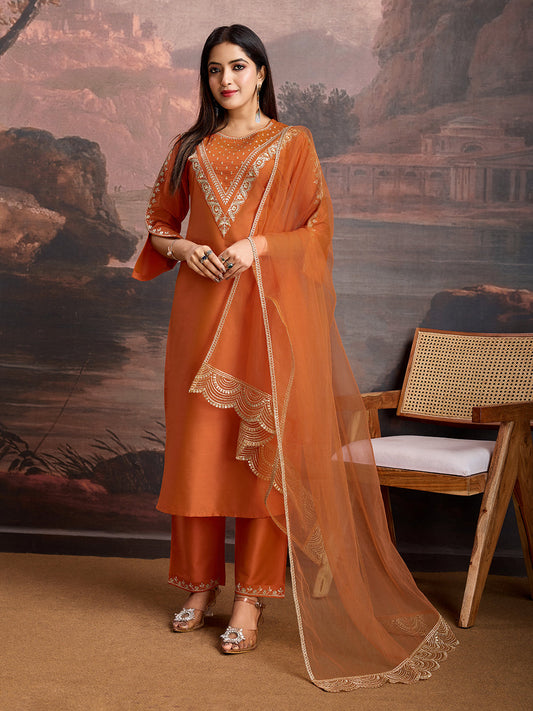 Rust Color Silk Blend Embroidered Kurta Set