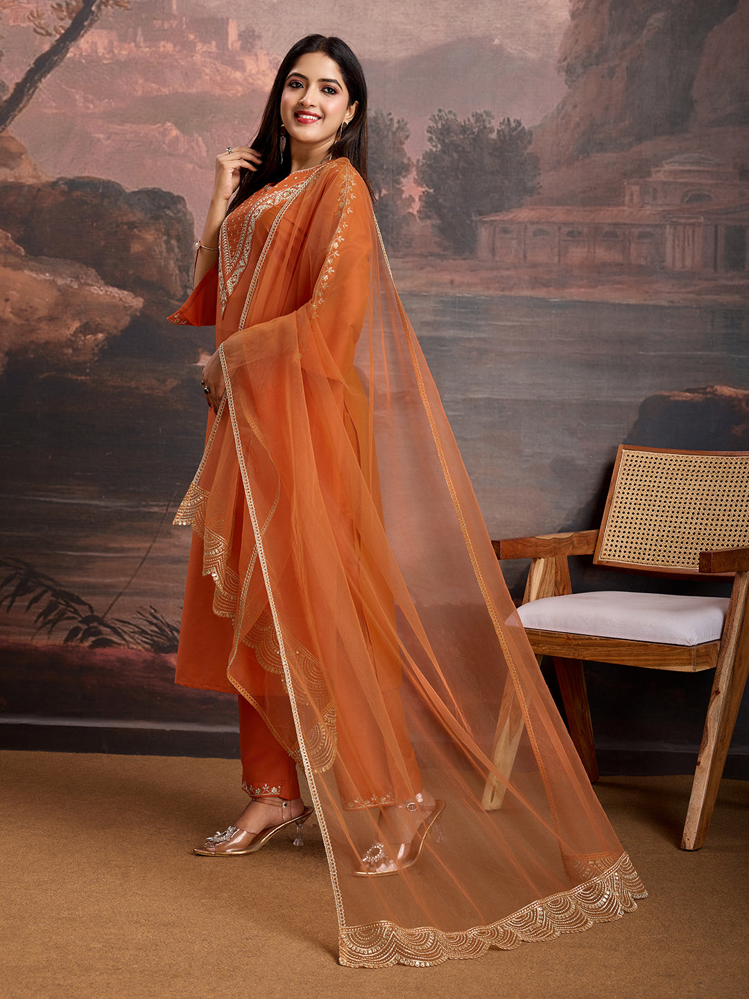 Rust Color Silk Blend Embroidered Kurta Set