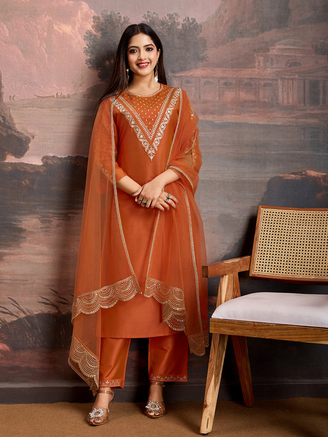 Rust Color Silk Blend Embroidered Kurta Set